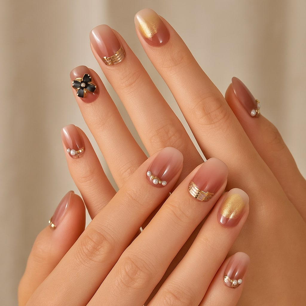 Rose Gold Press-On Nails – Plaid & Pearl Embellishments.
