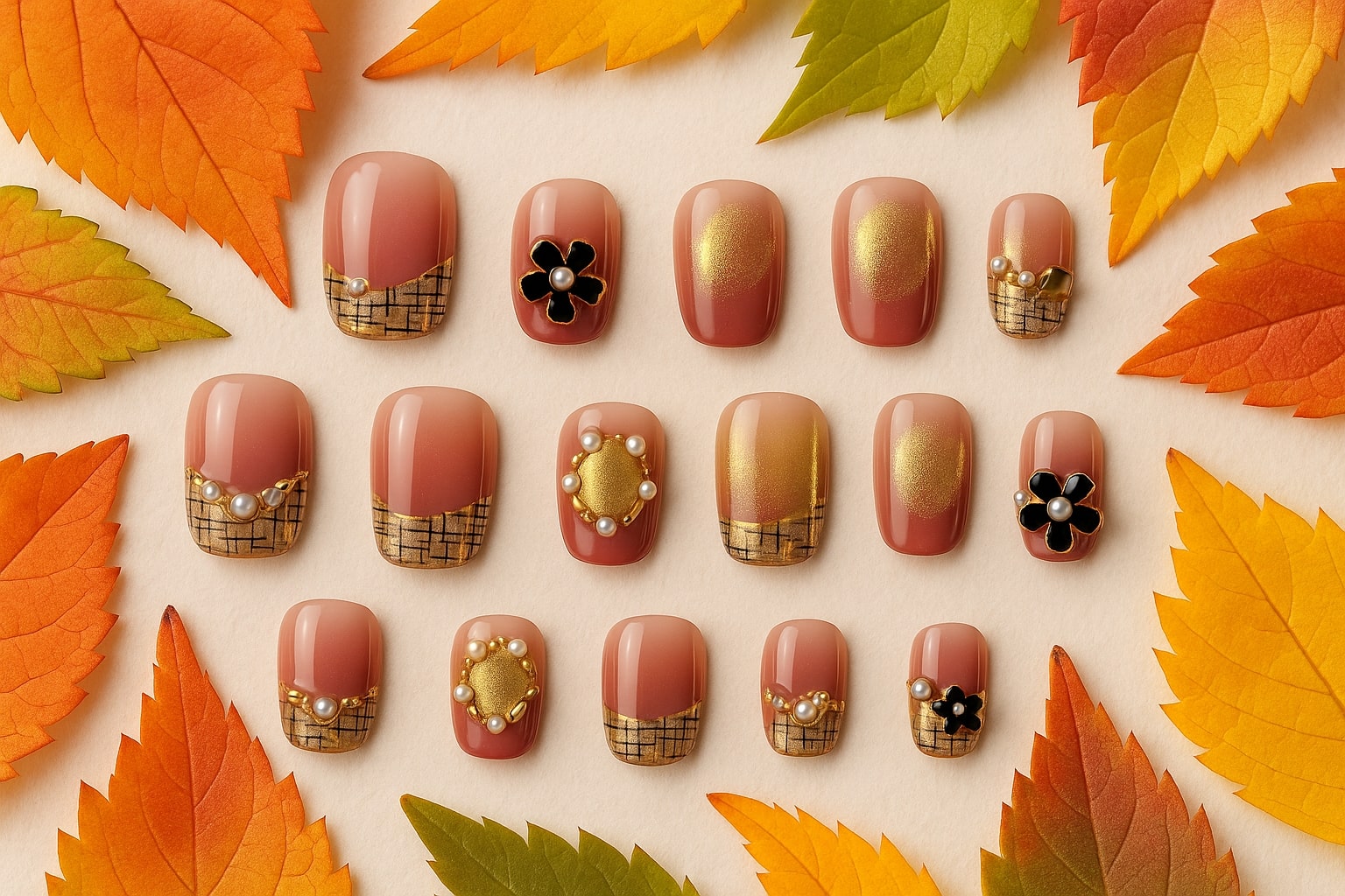 Rose Gold Press-On Nails – Plaid & Pearl Embellishments.