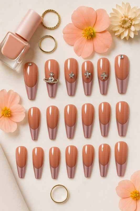 Rose Mauve Press-On Nails – Glossy Rhinestone & Charm Design.