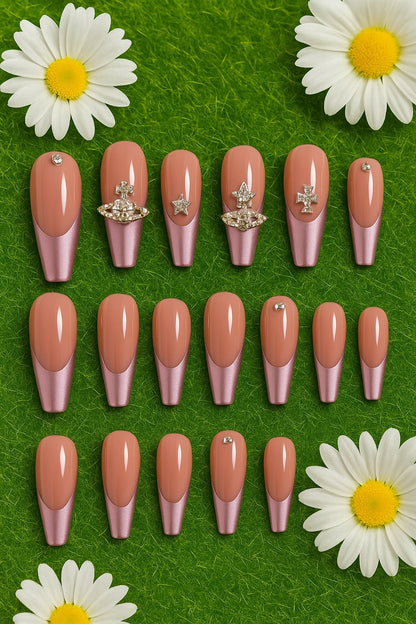Rose Mauve Press-On Nails – Glossy Rhinestone & Charm Design.