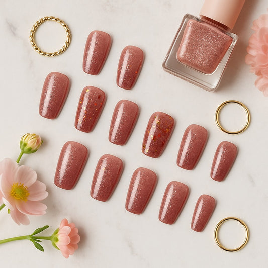 Rosewood Glitter Press-On Nails – Shimmer & Foil Accents
