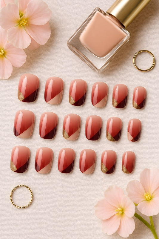 Rosewood Ombre Press-On Nails – Gold Accent Modern Design