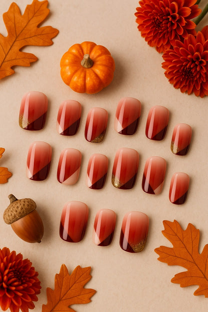Rosewood Ombre Press-On Nails – Gold Accent Modern Design