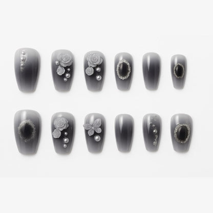 Smoky Gray Ombre Press-On Nails – 3D Roses & Pearl Accents