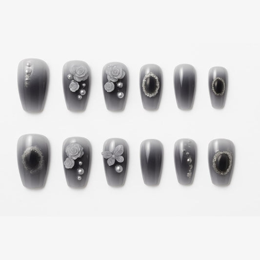 Smoky Gray Ombre Press-On Nails – 3D Roses & Pearl Accents