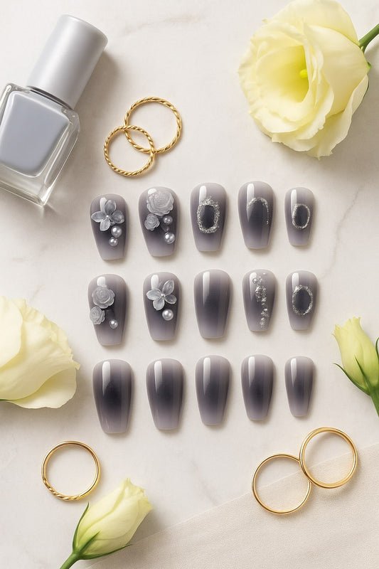 Smoky Gray Ombre Press-On Nails – 3D Roses & Pearl Accents