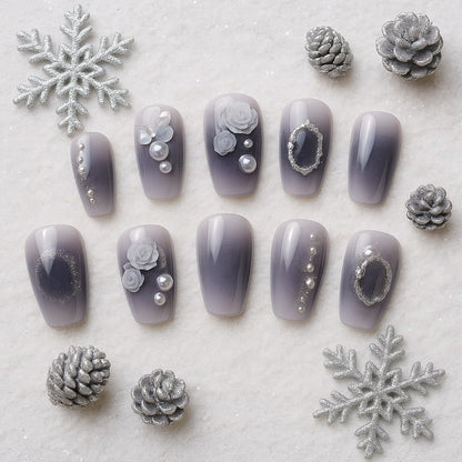 Smoky Gray Ombre Press-On Nails – 3D Roses & Pearl Accents