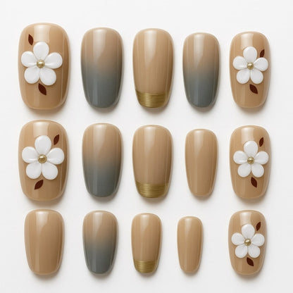 Taupe & Gray Ombre Press-On Nails – 3D White Floral Accent