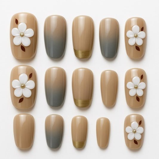 Taupe & Gray Ombre Press-On Nails – 3D White Floral Accent