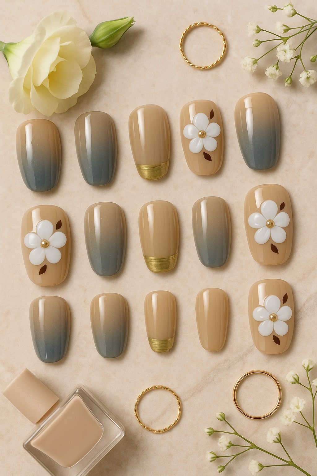 Taupe & Gray Ombre Press-On Nails – 3D White Floral Accent