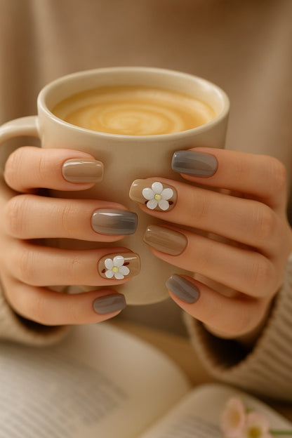 Taupe & Gray Ombre Press-On Nails – 3D White Floral Accent