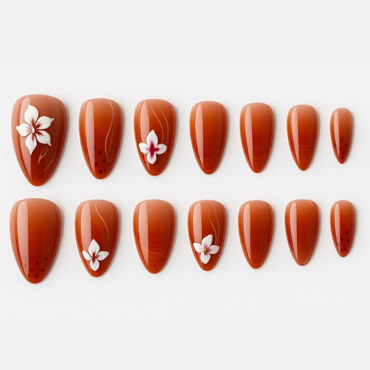 Terracotta Ombre Press-On Nails – Floral Accent Design.