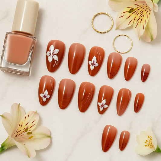 Terracotta Ombre Press-On Nails – Floral Accent Design.