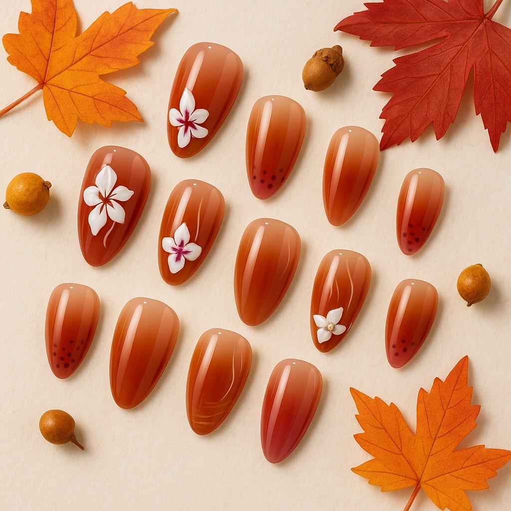 Terracotta Ombre Press-On Nails – Floral Accent Design.